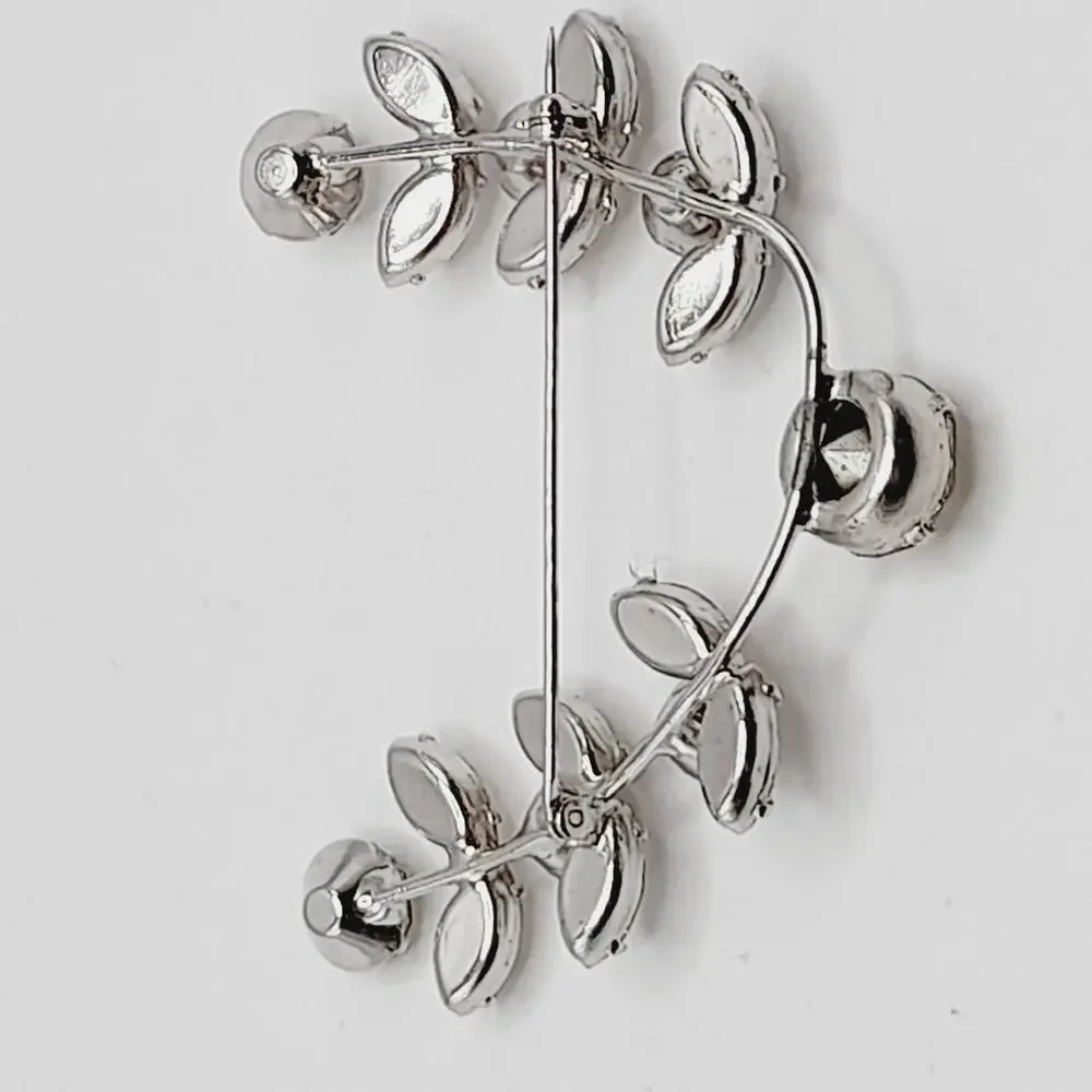 Vintage Clear Rhinestone Brooch Mid-Century Silver Tone Wedding Pin 2 1/2 Inch